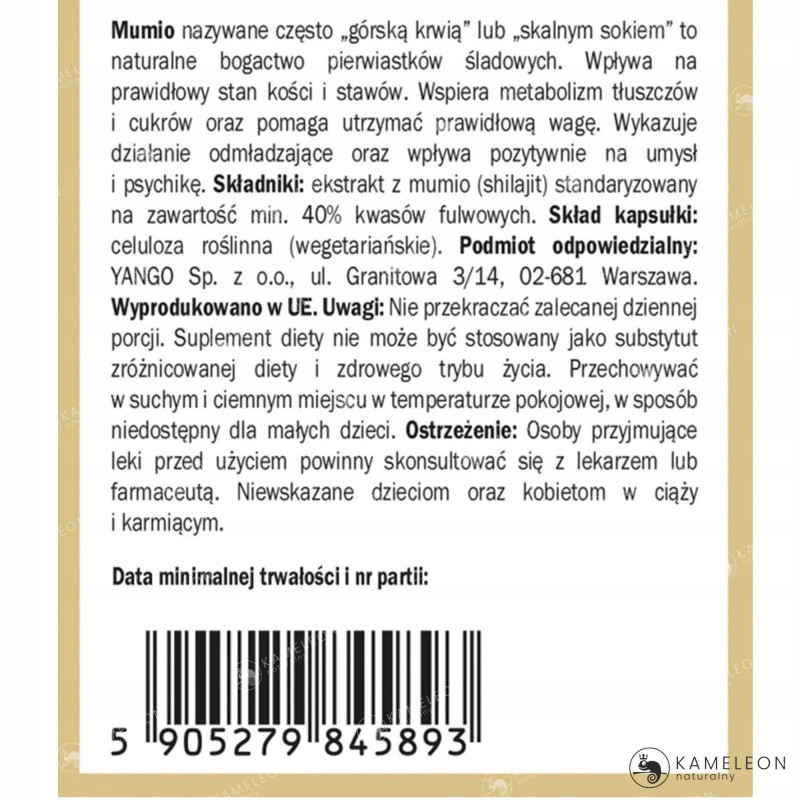 Yango MUMIO SHILAJIT 40% KWASÓW FULWOWYCH wsparcie: ODPORNOŚC MŁODOSĆ 90kps