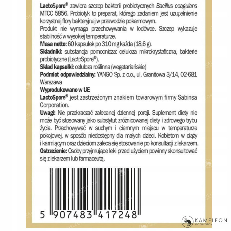 Yango PROBIOTYK BC-2 Bakterie Bacillus Coagulans wsparcie MIKROFLORA 60kps