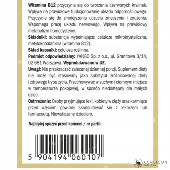 Yango WITAMINA B12 100ug METYLOKOBALAMINA wsparcie: UKŁAD NERWOWY 90kaps Yango WITAMINA B12 100ug METYLOKOBALAMINA wsparcie: UKŁAD NERWOWY 90kaps