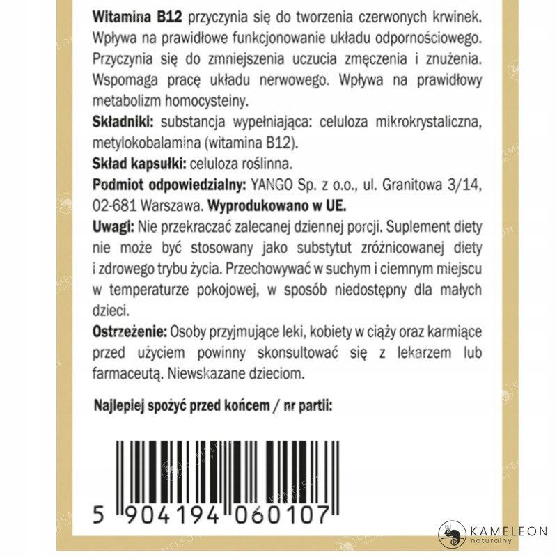 Yango WITAMINA B12 100ug METYLOKOBALAMINA wsparcie: UKŁAD NERWOWY 90kaps