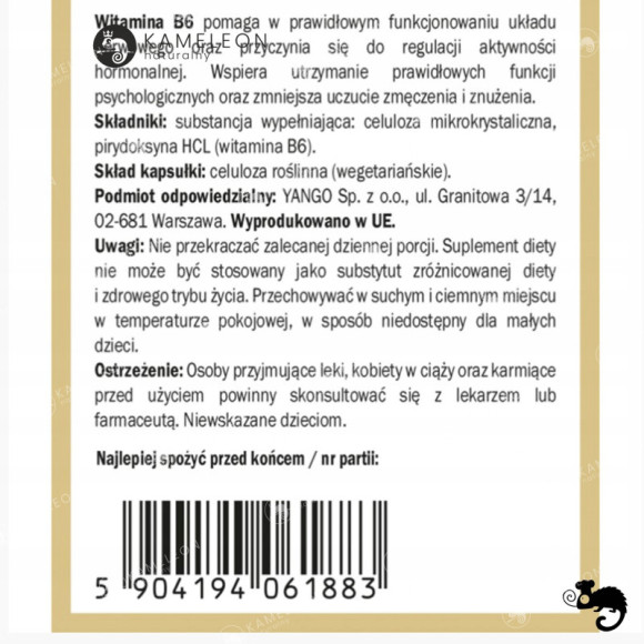 Yango WITAMINA B6 PIRYDOKSYNA 90k na UKŁAD NERWOWY Yango WITAMINA B6 PIRYDOKSYNA 90k na UKŁAD NERWOWY
