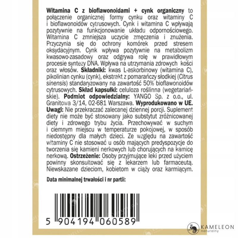 Yango WITAMINA C Z BIOFLAWONOIDAMI + BIOFLAWONOIDY + CYNK odporność 90kaps
