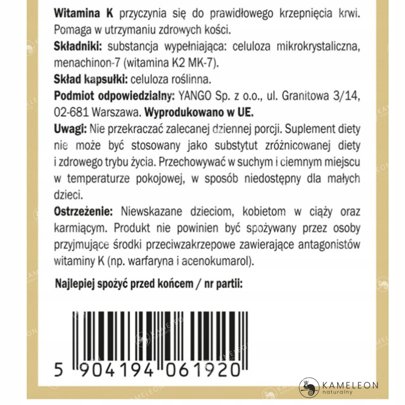 Yango WITAMINA K2 MK-7 K2MK7 wsparcie: KRZEPNIĘCIE KRWI ZDROWE KOŚCI 90kaps