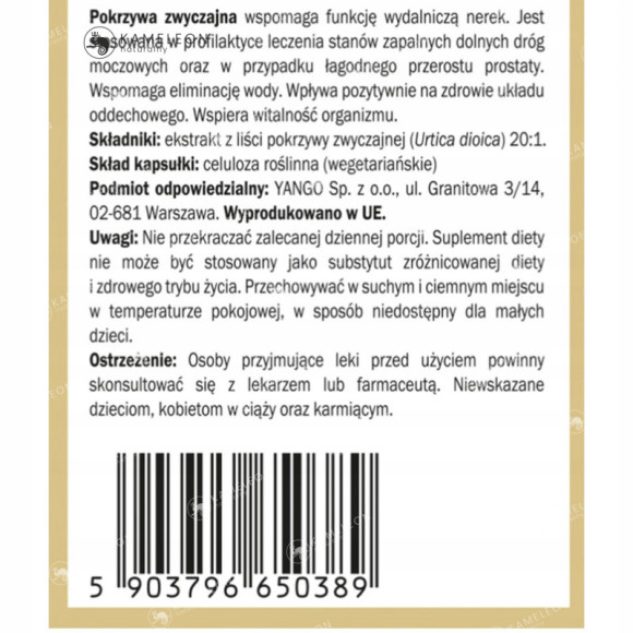 Yango POKRZYWA LIŚCIE ekstrakt 500mg 90kaps WITAMINY + MINERAŁY Yango POKRZYWA LIŚCIE ekstrakt 500mg 90kaps WITAMINY + MINERAŁY