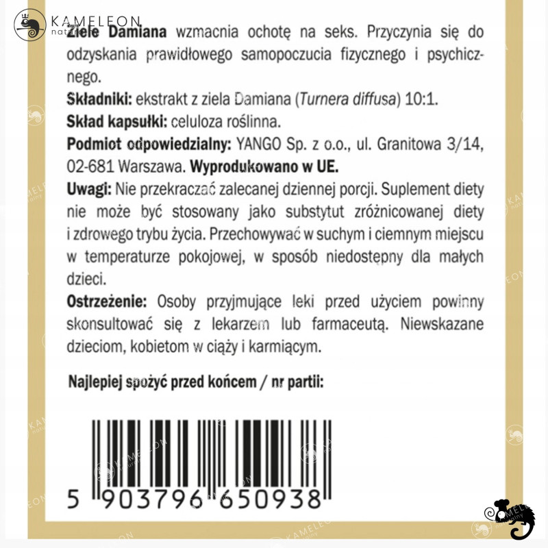 Yango ZIELE DAMIANA 440mg wsparcie: POTENCJA SAMOPOCZUCIE STRES 90kaps