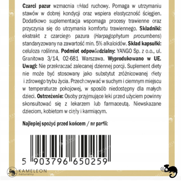 Yango CZARCI PAZUR 5% Alkaloidów wsparcie: ZDROWE STAWY UKŁAD RUCHU 90kaps Yango CZARCI PAZUR 5% Alkaloidów wsparcie: ZDROWE STAWY UKŁAD RUCHU 90kaps