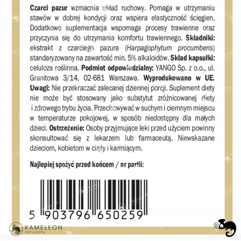 Yango CZARCI PAZUR 5% Alkaloidów wsparcie: ZDROWE STAWY UKŁAD RUCHU 90kaps