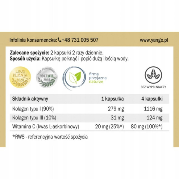 YANGO KOLAGEN typu I i III AKTYWNE PEPTYDY biodostępne + WIT.C 420mg 90kaps YANGO KOLAGEN typu I i III AKTYWNE PEPTYDY biodostępne + WIT.C 420mg 90kaps