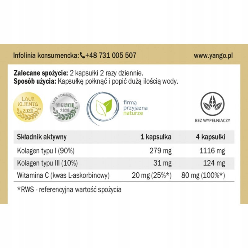 YANGO KOLAGEN typu I i III AKTYWNE PEPTYDY biodostępne + WIT.C 420mg 90kaps