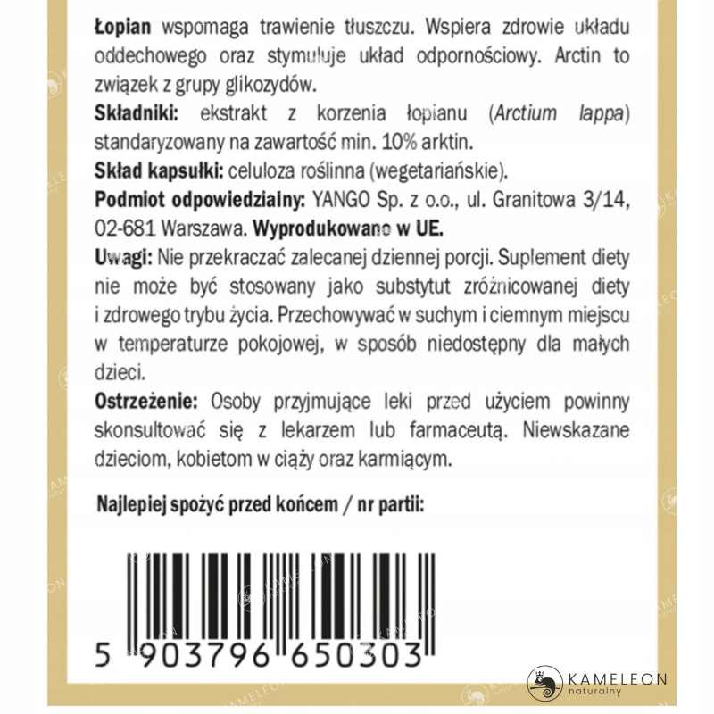 Yango ŁOPIAN KORZEŃ wsparcie: TRAWIENIE OCZYSZCZANIE Z TOKSYN SKÓRA 90kps