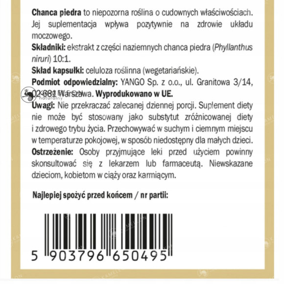 Yango CHANCA PIEDRA Ekstrakt wsparcie: UKŁAD MOCZOWY KAMICA NERKOWA 90kaps Yango CHANCA PIEDRA Ekstrakt wsparcie: UKŁAD MOCZOWY KAMICA NERKOWA 90kaps
