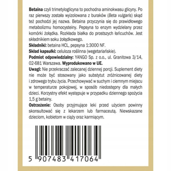 BETAINA HCL + PEPSYNA 90kp YANGO na niską zawartość kwasu solnego w żołądku BETAINA HCL + PEPSYNA 90kp YANGO na niską zawartość kwasu solnego w żołądku