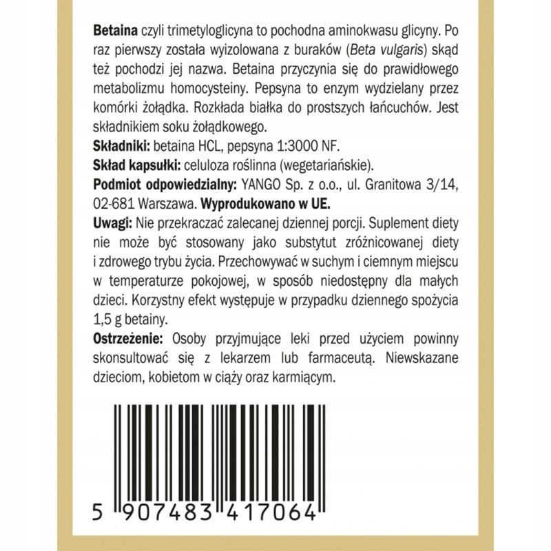 BETAINA HCL + PEPSYNA 90kp YANGO na niską zawartość kwasu solnego w żołądku
