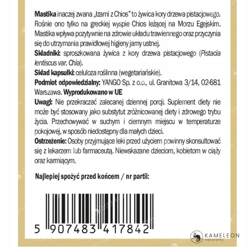 MASTIKA 480mg wsparcie na HELICOBACTER PYLORI WRZODY ŻOŁĄDKA 60kaps YANGO