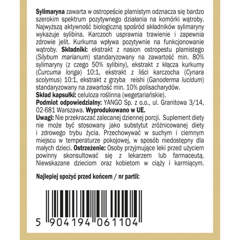 SYLIMARYNA ostropest plamisty 90kaps YANGO wsparcie: WĄTROBA UKŁ. POKARMOWY