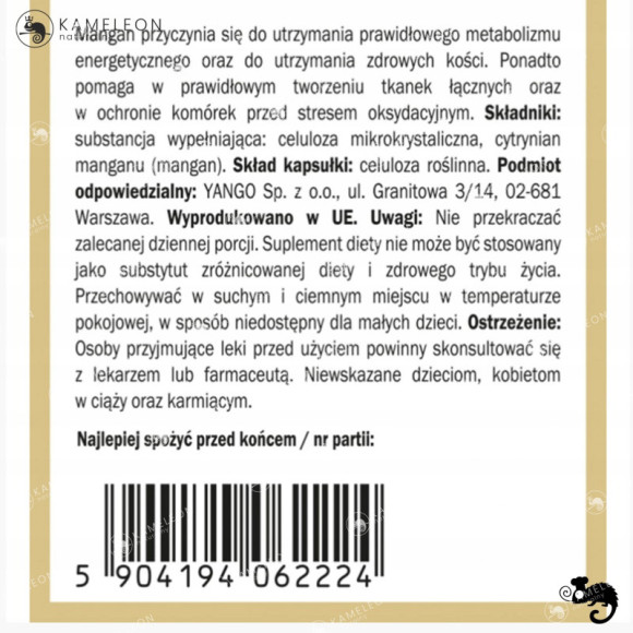 Yango MANGAN FORMA ORGANICZNA wsparcie: ZDROWE KOŚCI OSTEOPOROZA 90kaps
