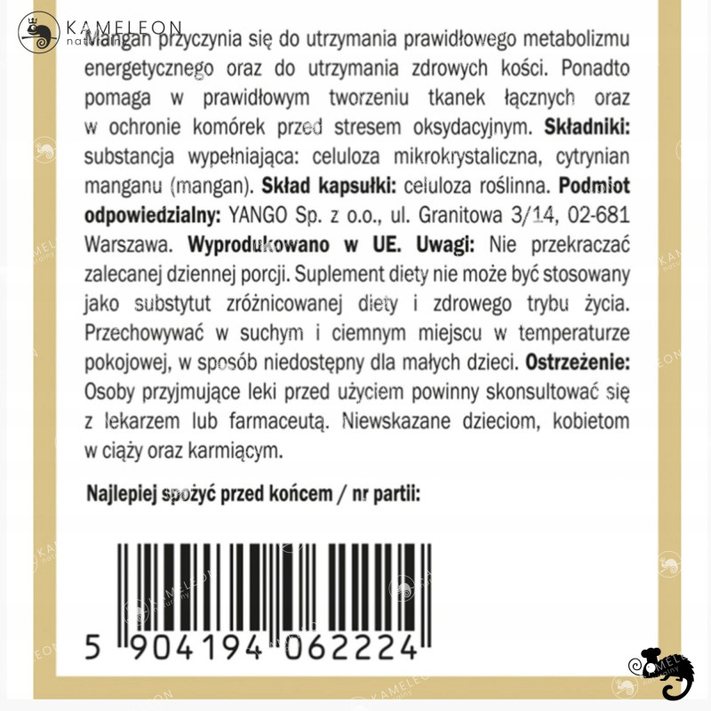 Yango MANGAN FORMA ORGANICZNA wsparcie: ZDROWE KOŚCI OSTEOPOROZA 90kaps