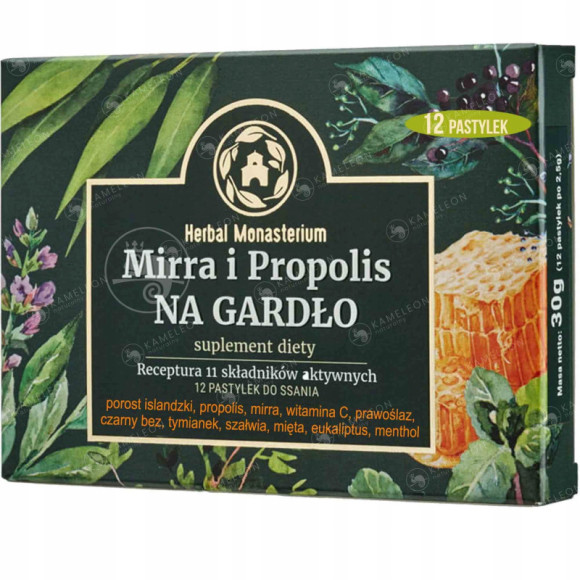 MIRRA I PROPOLIS NA GARDŁO pastylki do ssania 12szt HERBAL Monasterium MIRRA I PROPOLIS NA GARDŁO pastylki do ssania 12szt HERBAL Monasterium
