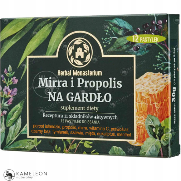 MIRRA I PROPOLIS NA GARDŁO pastylki do ssania 12szt HERBAL Monasterium MIRRA I PROPOLIS NA GARDŁO pastylki do ssania 12szt HERBAL Monasterium