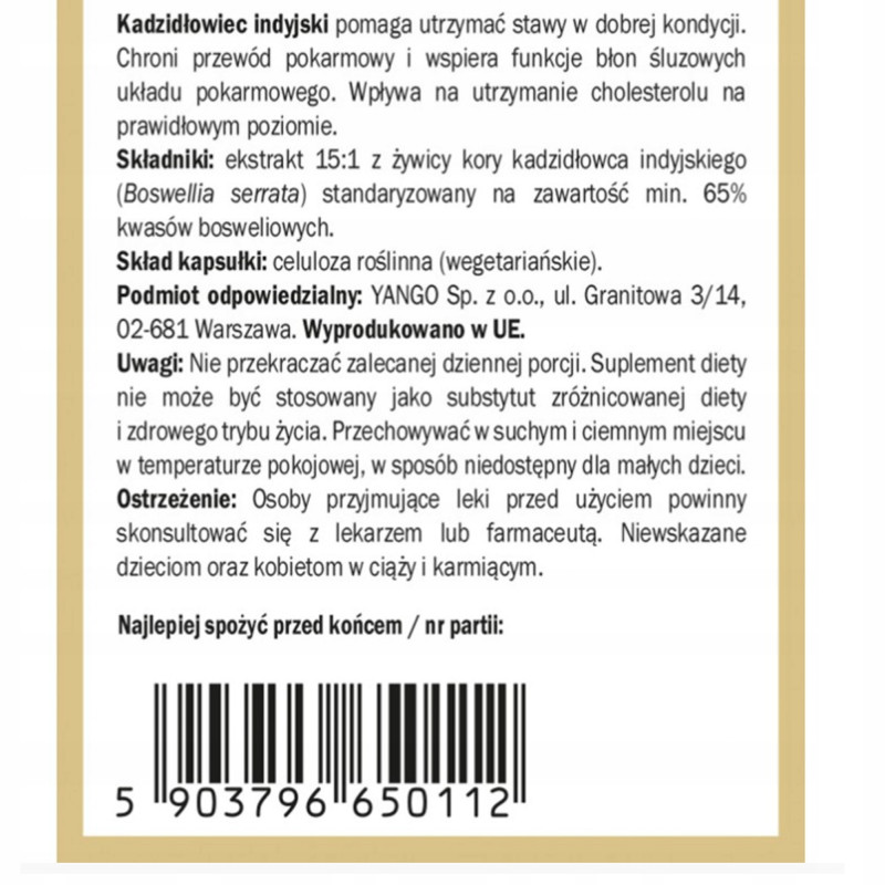 Yango BOSWELLIA 65 CHOLESTEROL STAWY PAMIĘĆ PRZEWÓD POKARMOWY 60kaps. 460mg