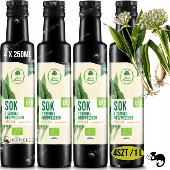 SOK Z CZOSNKU NIEDŹWIEDZIEGO ekologiczny eko 250 x4szt 1L DARY NATURY SOK Z CZOSNKU NIEDŹWIEDZIEGO ekologiczny eko 250 x4szt 1L DARY NATURY