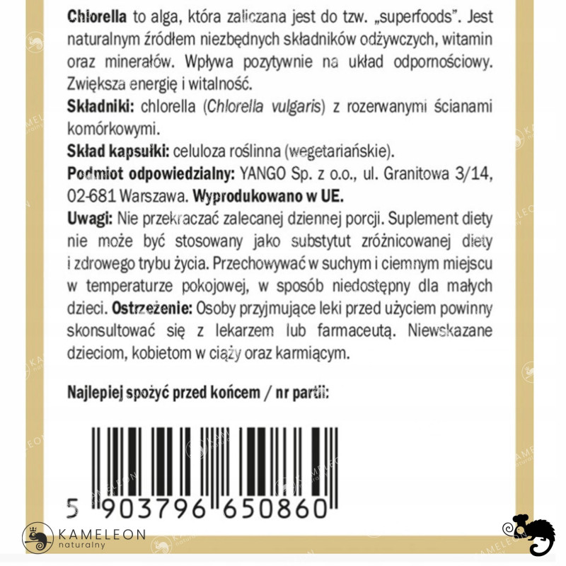 Yango CHLORELLA 450mg rozerwane ściany komórkowe wsparcie: ODPORNOŚĆ 90kps
