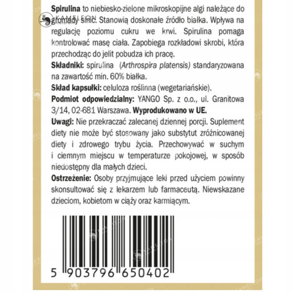 Yango SPIRULINA 440mg 90kaps wsparcie: ODCHUDZANIE ODPORNOŚĆ CHOLESTEROL Yango SPIRULINA 440mg 90kaps wsparcie: ODCHUDZANIE ODPORNOŚĆ CHOLESTEROL