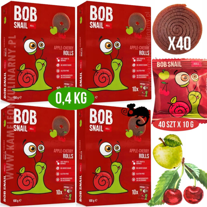 ŚLIMAK BOB SNAIL przekąska BEZ CUKRU JABŁKO WIŚNIA 10g x40 100G x4 0,4KG