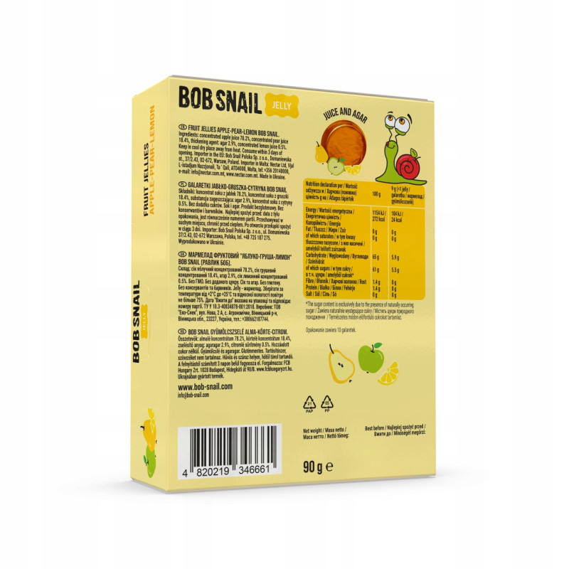 ŚLIMAK BOB PRZEKĄSKA GALARETKA OWOCOWA Jelly JABŁKO GRUSZKA CYTRYNA 90G x 4