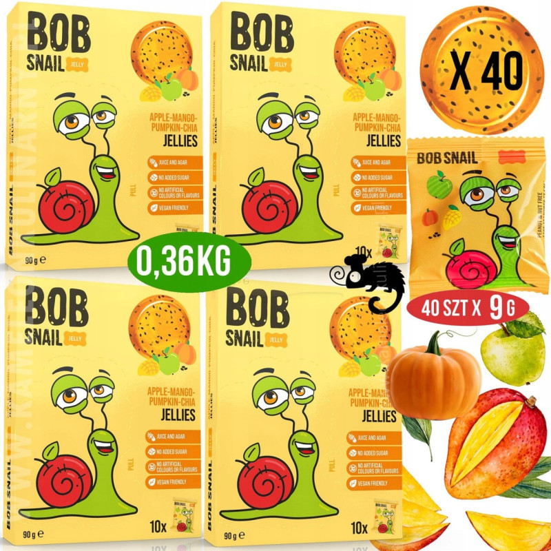 ŚLIMAK BOB PRZEKĄSKA GALARETKA OWOCOWA Jelly JABŁKO MANGO DYNIA CHIA 90G x4
