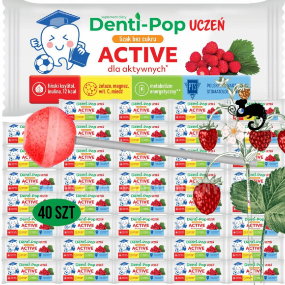 LIZAK Denti-Pop UCZEŃ smak POZIOMKA 40szt BEZ CUKRU MNIAM active Starpharma LIZAK Denti-Pop UCZEŃ smak POZIOMKA 40szt BEZ CUKRU MNIAM active Starpharma