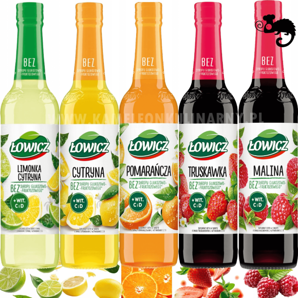 ŁOWICZ zestaw 5x SYROP OWOC. Malina Limonka Cytryna Pomarańcza Truskawka 2L ŁOWICZ zestaw 5x SYROP OWOC. Malina Limonka Cytryna Pomarańcza Truskawka 2L