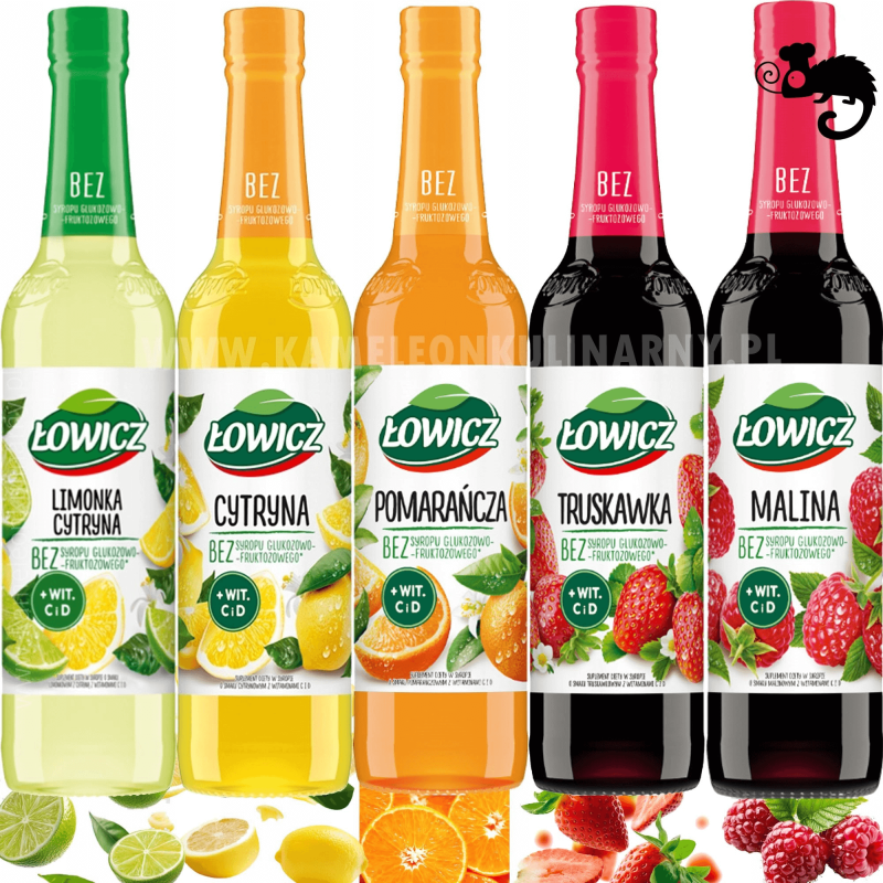 ŁOWICZ zestaw 5x SYROP OWOC. Malina Limonka Cytryna Pomarańcza Truskawka 2L