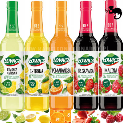 ŁOWICZ zestaw 5x SYROP OWOC. Malina Limonka Cytryna Pomarańcza Truskawka 2L