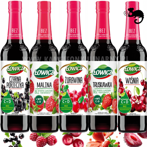 ŁOWICZ zestaw 5x SYROP OWOCOWY Malina Truskawka Wiśnia Żurawin Porzeczka 2L ŁOWICZ zestaw 5x SYROP OWOCOWY Malina Truskawka Wiśnia Żurawin Porzeczka 2L