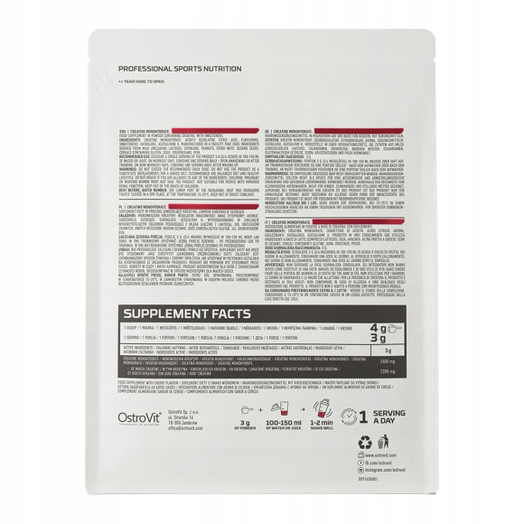 OstroVit MONOHYDRAT KREATYNY KREATYNA 300g 0,3KG - smak WIŚNIOWY OstroVit MONOHYDRAT KREATYNY KREATYNA 300g 0,3KG - smak WIŚNIOWY