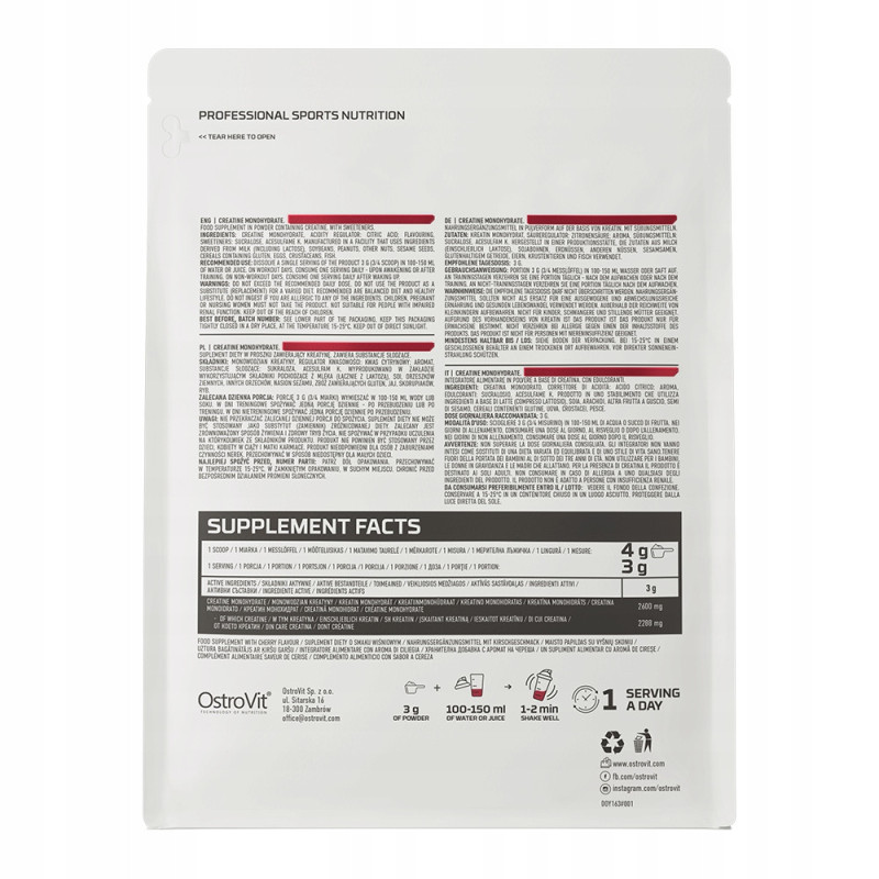 OstroVit MONOHYDRAT KREATYNY KREATYNA 300g 0,3KG - smak WIŚNIOWY