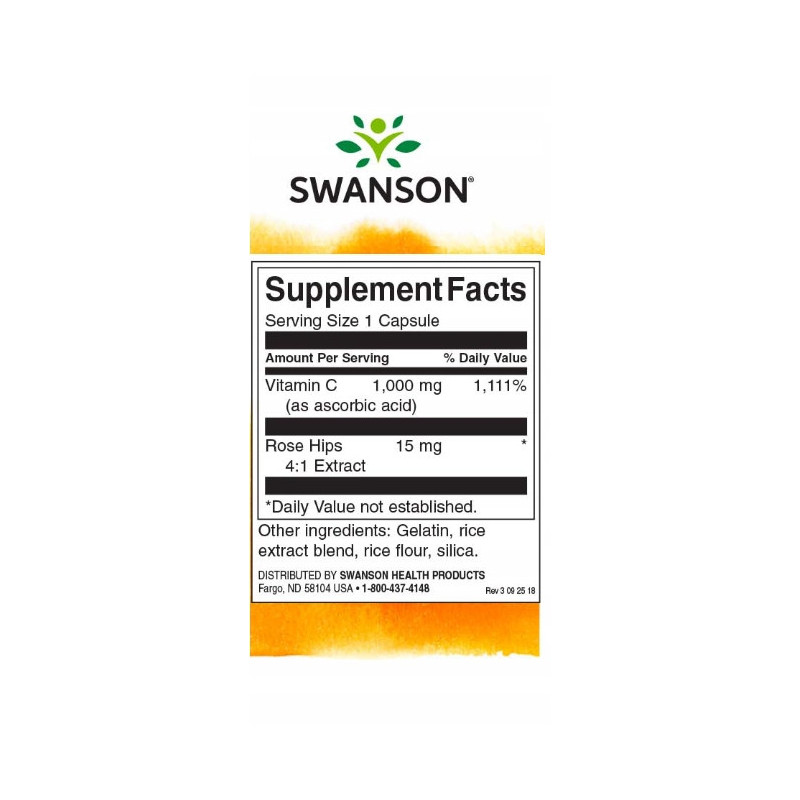 Swanson WITAMINA C 1000mg + DZIKA RÓŻA 90kaps na 3m-ce wsparcie ODPORNOŚĆ