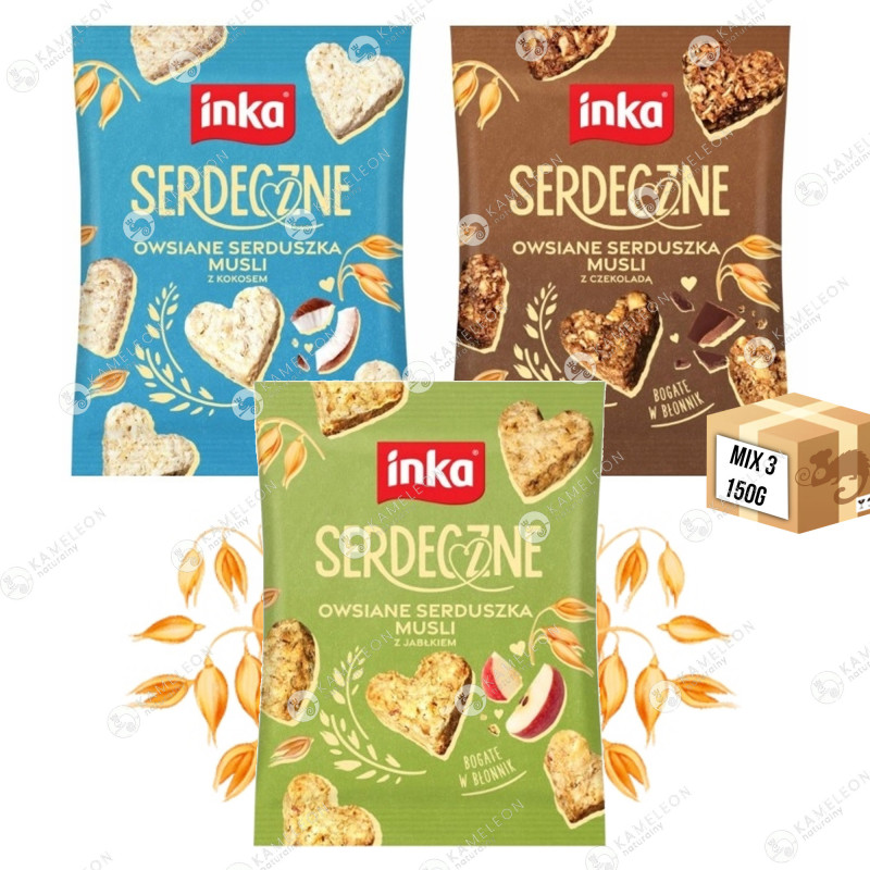 INKA ciasteczka SERDECZNE mix zestaw 50g x3szt CZEKOLADA KOKOS JABŁKO 150g