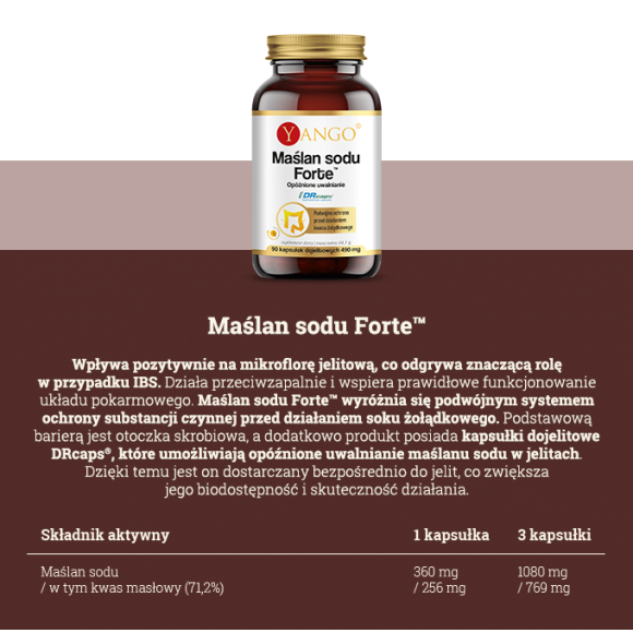 Yango MAŚLAN SODU FORTE 490mg wsparcie: ZDROWE JELITA MIKROFLORA JELIT 90k Yango MAŚLAN SODU FORTE 490mg wsparcie: ZDROWE JELITA MIKROFLORA JELIT 90k