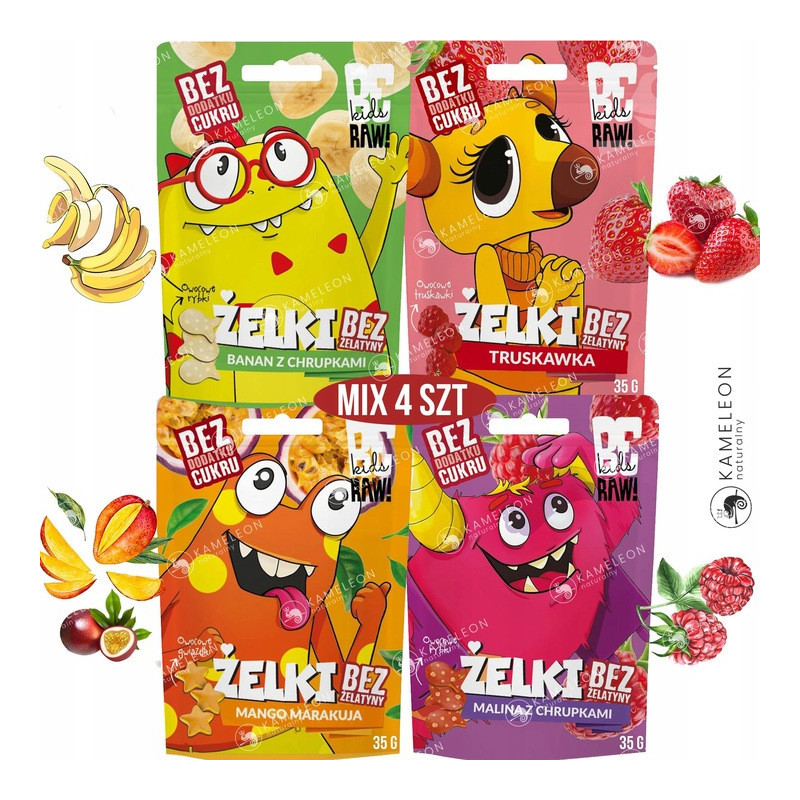BE RAW KIDS ŻELKI MALINA TRUSKAWKA MANGO BANAN