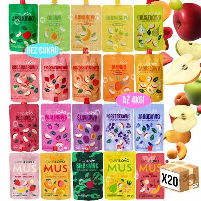 OWOLOVO MUS OWOCOWY mix 20 wyjątkowych SMAKÓW bez cukru 20szt x 200G aż 4kg
