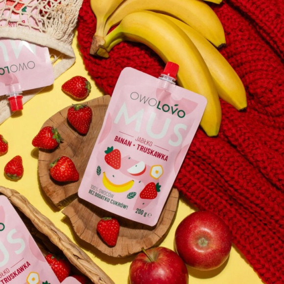 OWOLOVO mus owocowy JABŁKO BANAN TRUSKAWKA 200g NOWY SMAK bez dodatku cukru OWOLOVO mus owocowy JABŁKO BANAN TRUSKAWKA 200g NOWY SMAK bez dodatku cukru