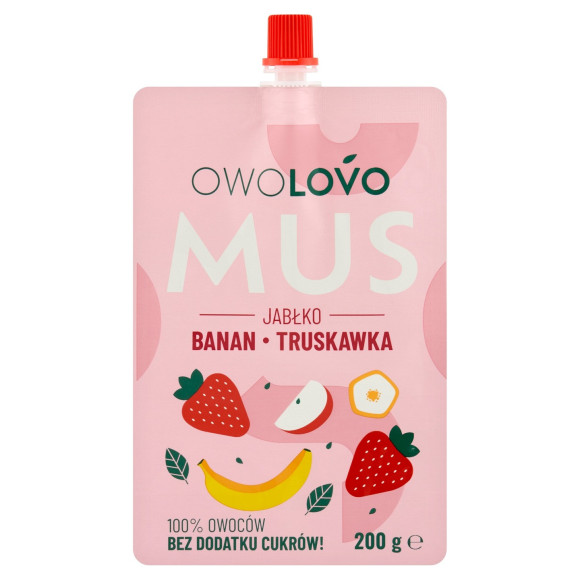 OWOLOVO mus owocowy JABŁKO BANAN TRUSKAWKA 200g NOWY SMAK bez dodatku cukru OWOLOVO mus owocowy JABŁKO BANAN TRUSKAWKA 200g NOWY SMAK bez dodatku cukru