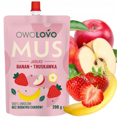 OWOLOVO mus owocowy JABŁKO BANAN TRUSKAWKA 200g NOWY SMAK bez dodatku cukru