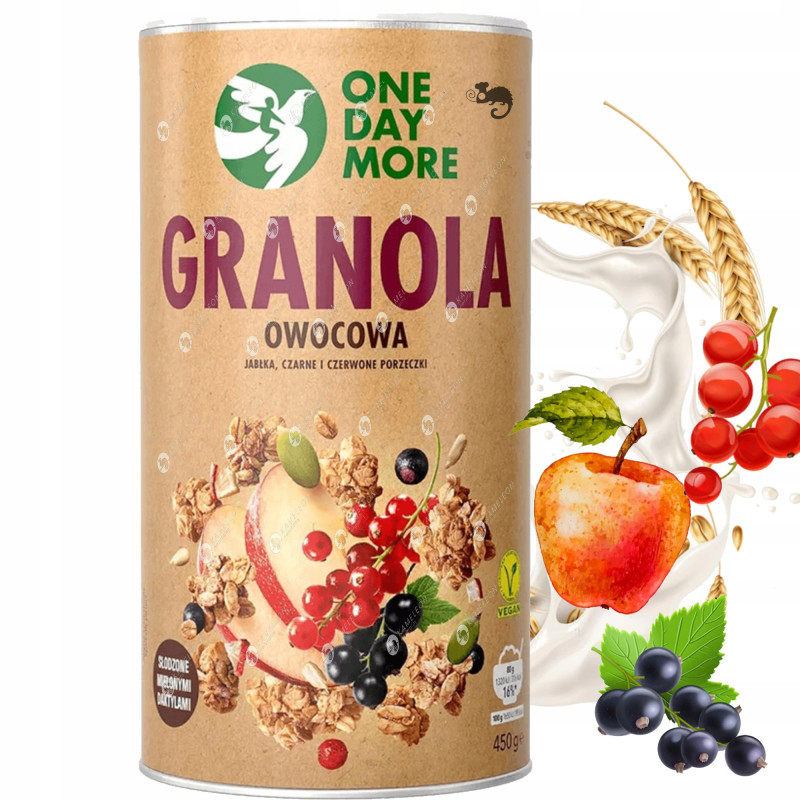 OneDayMore GRANOLA FRUIT owocowa Jabłko Czarna Czerwona Porzeczka 450G tuba