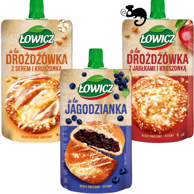 3x ŁOWICZ mus mix JAGODZINKA DROŻDŻÓWKA Z SEREM i Z JABŁKAMI 3 smaki 0,3KG