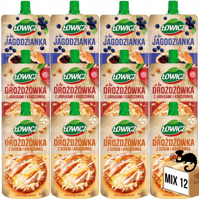 12x ŁOWICZ mus mix JAGODZINKA DROŻDŻÓWKA Z SEREM i Z JABŁKAMI 3 smaki po 4
