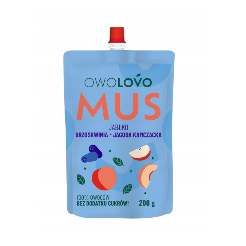 OWOLOVO PREMIUM mus owocowy JABŁKO BRZOSKWINIA JAGODA KAMCZACKA 200g NOWY