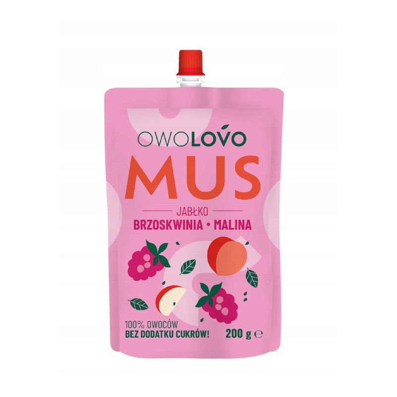 OWOLOVO PREMIUM mus owocowy JABŁKO BRZOSKWINIA MALINA 200g NOWY SMAK 3owoce